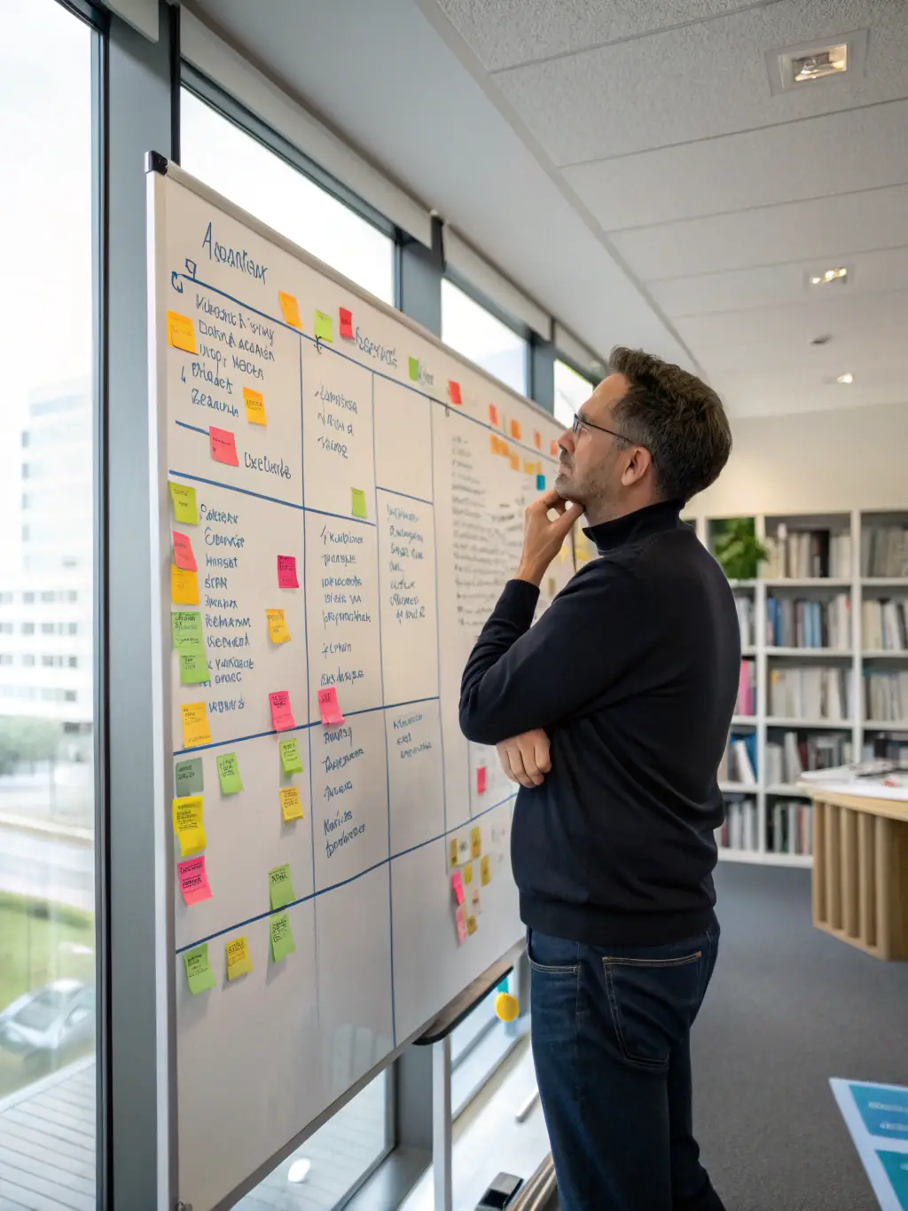 A consultant using a SWOT analysis matrix to evaluate a client's business strengths, weaknesses, opportunities, and threats.