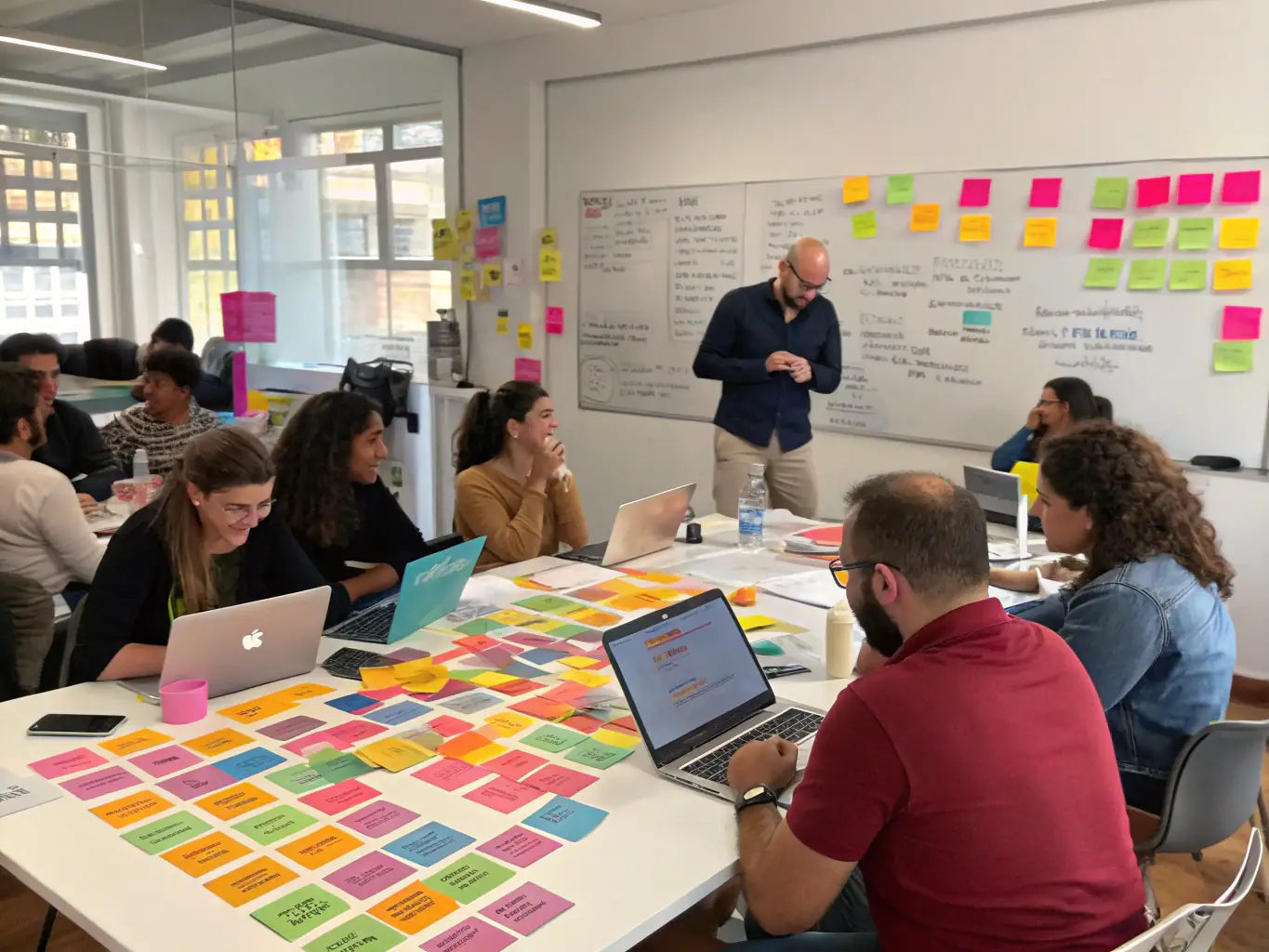 Participants engaged in a workshop, collaborating on business analysis techniques, using sticky notes and whiteboards in a bright, collaborative workspace.