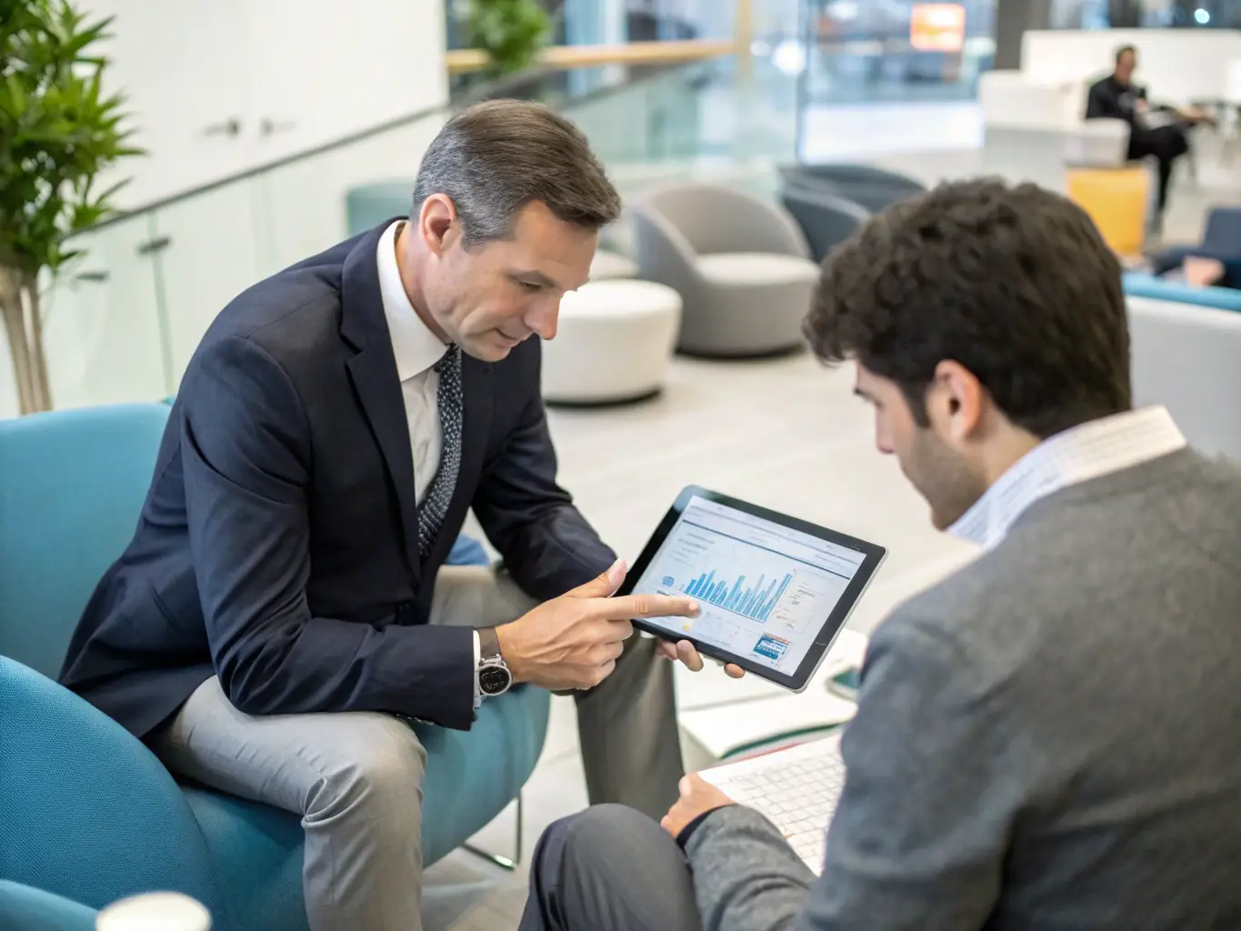 A consultant demonstrating a technology solution to a client, showcasing a user-friendly interface on a tablet in a modern office environment.