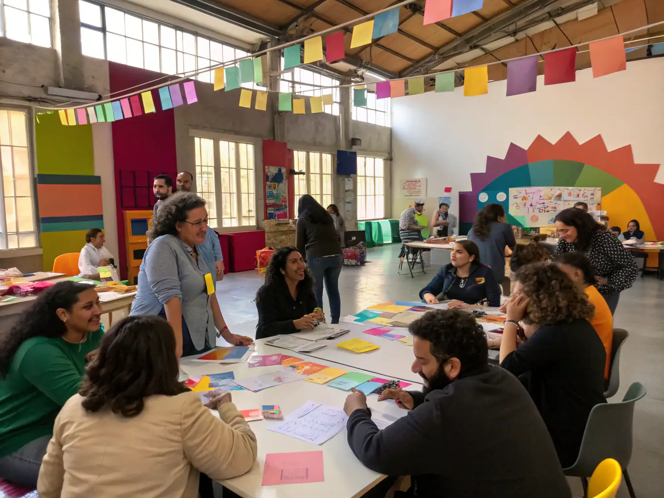Participants engaged in a workshop, collaborating on business analysis techniques, using whiteboards and interactive displays in a bright, modern training room.