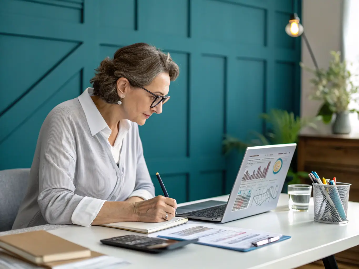 A consultant working with a client on a strategic business analysis session, reviewing charts and data on a laptop in a modern office setting.