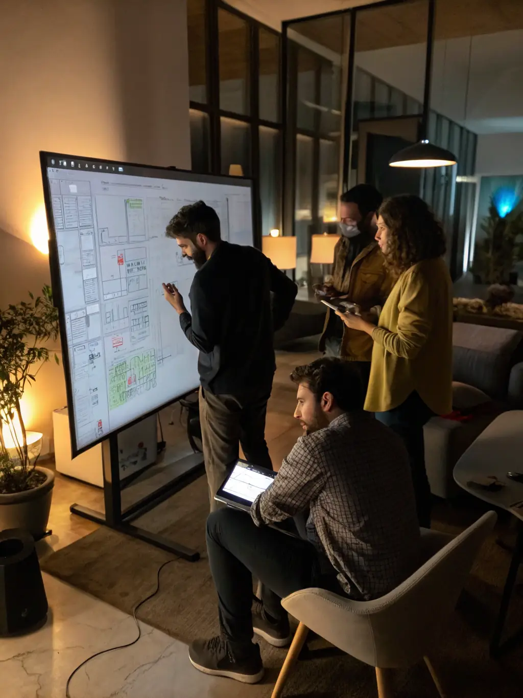A consultant facilitating a brainstorming session with a team using mind mapping software on a large display.