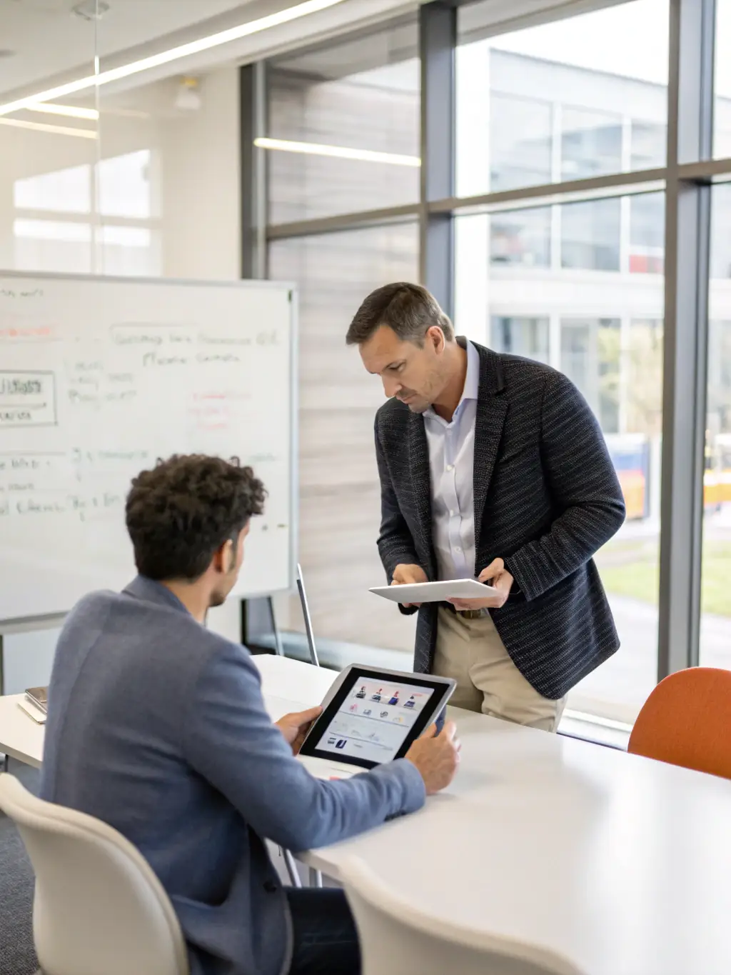 A consultant presenting a process flow diagram to a client, illustrating the steps in a business process.
