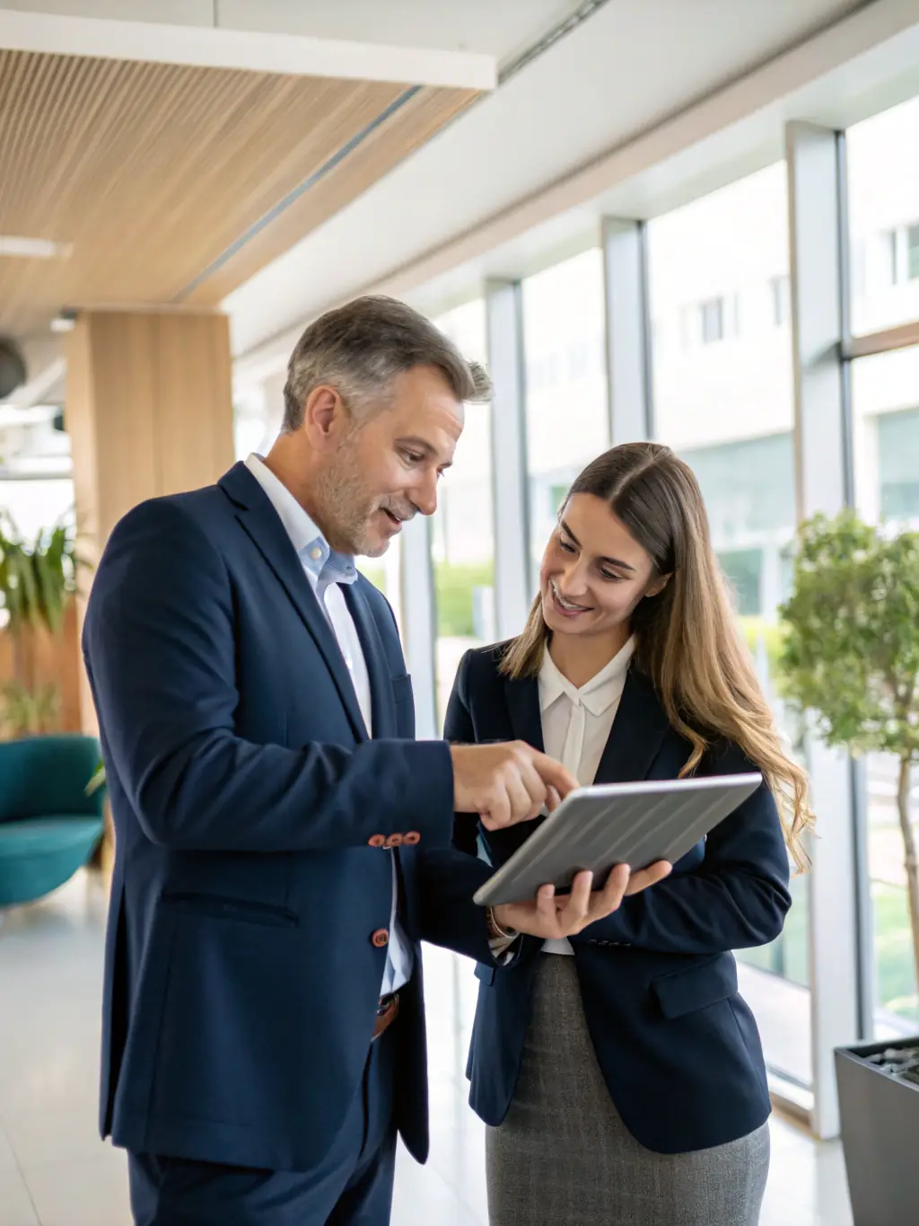 A consultant demonstrating a technology solution to a client, showcasing its features and benefits for streamlining processes.