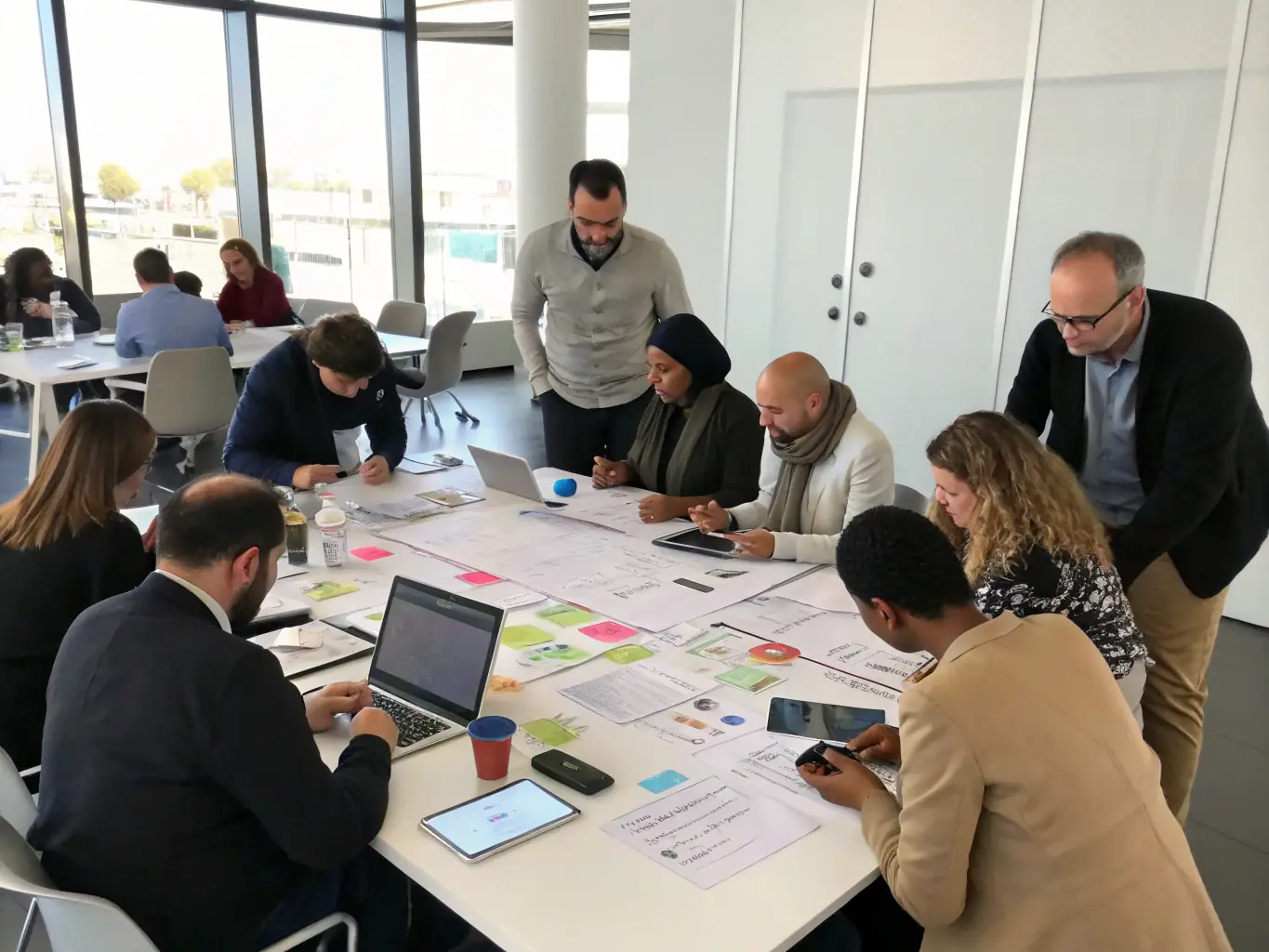 A diverse group of professionals actively participating in a Meaningful Insights workshop, collaborating on business strategies with laptops and engaging in lively discussions, set in a modern, brightly lit conference room.